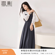 香影法式娃娃領(lǐng)收腰連衣裙女2026春裝新款灰色通勤假兩件長(cháng)袖裙子 中灰 S 155/80A/85-95斤