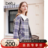 百圖betu女裝秋冬新款短外套復古格紋拼接羊羔毛領(lǐng)短外套2310T62 紫色 S