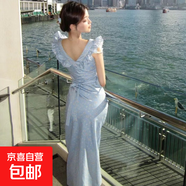 茶歇甜心法式V領(lǐng)碎花連衣裙2026夏季氣質(zhì)度假風(fēng)荷葉邊小眾長(cháng)裙子 藍色 XL
