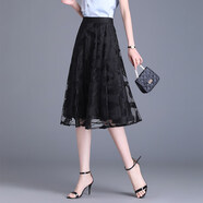 夏典素訂女王（SE.PSTP）黑色女士歐根紗半身裙女夏紗裙小個(gè)子長(cháng)裙網(wǎng)紗半裙媽媽日單短裙 樹(shù)葉花（裙長(cháng)70cm） M 腰圍2尺