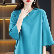 花花公子（PLAYBOY）顯瘦中長(cháng)款t桖女加長(cháng)款大碼寬松100%純棉落肩五分袖睡衣遮臀裙 官方旗艦孔雀藍 長(cháng)款中袖純棉T恤 L 130-160斤