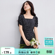 尚都比拉法式連衣裙女夏季方領(lǐng)堆堆袖復古波點(diǎn)抽褶開(kāi)叉A字裙