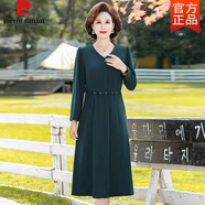 皮爾卡丹（pierre cardin）中長(cháng)款V領(lǐng)連衣裙40歲女人時(shí)尚穿搭裙 聚酯纖維修身長(cháng)裙 中老年洋 墨綠色 2XL 建議115-125斤
