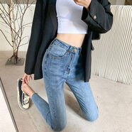 150小個(gè)子八分加絨牛仔褲女秋薄款高腰緊身顯瘦小腳褲九分鉛筆褲 淺8分褲 25 25