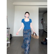 銘佳玲早春云南大理出游明媚穿搭藍色短袖印花裙套裝連衣裙海邊度假裙子 套裝(短袖+半裙) S