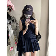 歌弗婭修身的v領(lǐng)背心，適合小女人，休閑和通用開(kāi)衫，修身的百褶裙三件 深藍開(kāi)衫 S