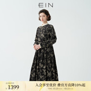 EIN言文藝復古中式立領(lǐng)印花高腰碎褶燈籠長(cháng)袖連衣裙女秋季款 石墨黑 L