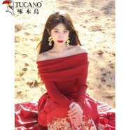 啄木鳥(niǎo)白色一字肩上衣女春秋季露肩毛衣初夏韓系穿搭針織衣服溫柔感 紅色. L