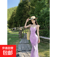 法式掐腰魚(yú)尾修身連衣裙超好看碎花網(wǎng)紗長(cháng)裙海邊出片度假穿搭裙子 紫色 M