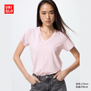 優(yōu)衣庫女裝竹節紗V領(lǐng)T恤/短袖棉白T上衣打底內搭483576 10 水粉色 S /155/80A