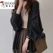 啄木鳥(niǎo)（TUCANO）加大尺碼燈籠袖開(kāi)衫毛衣外套女春秋薄款寬松百搭外穿顯瘦胖m妹針 黑色今年流行的輕奢品牌 M 80-100斤