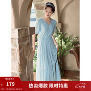 茵曼（INMAN）法式薄荷曼波連衣裙2024夏女裝新品V領(lǐng)燈籠袖抽繩 紺藍色 M
