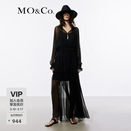 MO&Co.連衣裙順紆縐雪紡花邊領(lǐng)輕薄黑色長(cháng)裙附襯裙法式浪漫摩安珂 黑色 S 160