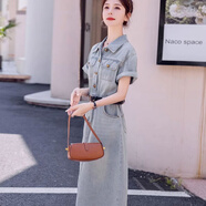 魚(yú)爪牛仔連衣裙女夏季時(shí)尚寬松收腰純色氣質(zhì)短袖牛仔裙顯瘦小清新 淺藍色 M