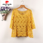 皮爾卡丹（pierre cardin）夏季新款鏤空針織衫女短款空調衫五分袖蝙蝠衫蕾絲罩衫上衣潮 黃色單上衣 M 建議90-105斤