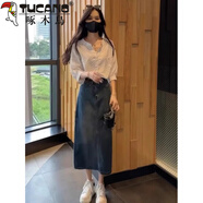 啄木鳥(niǎo)（TUCANO）又酷又颯穿搭套裝女夏裝一整套韓系簡(jiǎn)約條紋襯衫牛仔半身裙兩件套 藍色半身裙 L 【建議106-118斤】