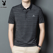 花花公子（PLAYBOY）夏裝短袖t恤男2026新款休閑polo衫冰絲半袖男爸爸裝體恤上衣男 黑灰 L 120-135斤