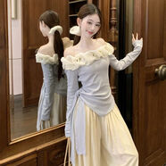 卡汐沐純欲風(fēng)花朵一字領(lǐng)不規則T恤上衣闊腿休閑褲女2026早春新款兩件套 藍色上衣 L 106-115斤