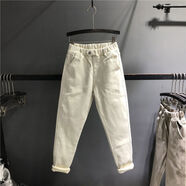 歐貨2024冬季款松緊腰加絨加厚老爹牛仔褲女寬松哈倫褲小腳垮褲 杏色 26 26