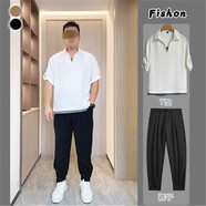 普戈斯微胖男生夏季顯瘦穿搭短袖T恤男韓版寬松POLO領(lǐng)五分袖體恤套裝潮 白色上衣+黑色褲子 L (170) (建議120-140斤)
