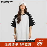 viishow學(xué)院風(fēng)落肩袖條紋短袖t恤男夏季國潮街頭上衣半袖百搭潮牌 黑灰拼色 S