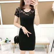 短袖t恤女 中長(cháng)款外穿新款韓版條紋蕾絲拼接圓領(lǐng)修身包臀裙連衣裙 黑色 S 【80~90 斤】