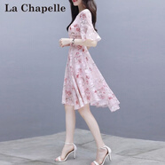 拉夏貝爾（La Chapelle）短袖雪紡連衣裙女裝2026年夏季新款韓版小個(gè)子中長(cháng)款沙灘裙子春天 粉色 XL 【建議115-125斤左右】