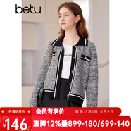 百圖betu女裝春季新款小香風(fēng)撞色短款翻領(lǐng)長(cháng)袖毛衣外套女2401T75 黑色 L