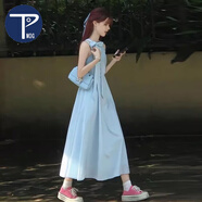 PMOG2024夏季多巴胺法式少女甜美初戀裙小清新仙女無(wú)袖掛脖大擺連衣裙 藍色氣質(zhì)連衣裙 XL 建議115-125斤