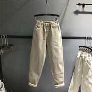 歐貨2024冬季款松緊腰加絨加厚老爹牛仔褲女寬松哈倫褲小腳垮褲 其色 26 26