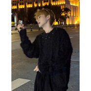 LISM黑色馬海毛毛衣男款秋冬季美式鉚釘設計感慵懶情侶針織衫外套 黑色 2XL