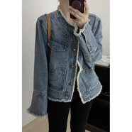 AEMAPE洋氣小香風(fēng)藍色牛仔外套女歐洲站含金屬紐扣寬松毛須邊圓領(lǐng)高級感 圖片色#袖口扣子是2粒 S (建議110斤以?xún)?