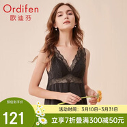 歐迪芬睡衣家居服薄款V領(lǐng)蕾絲花卉女士睡裙鏤空拼接款短裙睡衣 XH0101