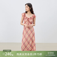 自巧小個(gè)子紅色雪紡格紋連衣裙女2026夏裝新款掐腰裙度假風(fēng)長(cháng)裙子 紅白格 M （尺碼：4）