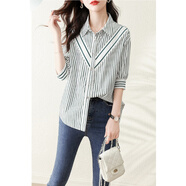 展緣歐洲站春夏新款女裝時(shí)尚撞色條紋七分袖簡(jiǎn)約小清新休閑襯衫潮 綠條紋 M