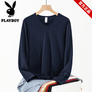花花公子（PLAYBOY）品牌男裝t恤男長(cháng)袖V領(lǐng)純色小衫加厚春夏打底衫保暖內衣內搭打底衫 藏青V領(lǐng)長(cháng)袖 S 【建議90斤以下】