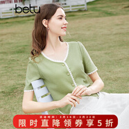百圖betu女裝夏季新款T恤法式減齡蕾絲花邊V領(lǐng)短袖T恤女2403T19 綠色 S