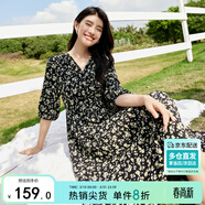 尚都比拉度假風(fēng)碎花連衣裙女夏天V領(lǐng)氣質(zhì)中長(cháng)裙收腰A字雪紡裙子 黑花 XL