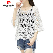 皮爾卡丹（pierre cardin）夏季新款鏤空針織衫女短款空調衫五分袖蝙蝠衫蕾絲罩衫上衣潮 白色單上衣 M 建議90-105斤