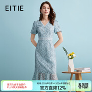 愛(ài)特愛(ài)（EITIE）浪漫印花V領(lǐng)收腰魚(yú)尾蕾絲修身連衣裙夏季新款仙氣裙B2407334 晴空藍33 M 160