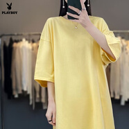 花花公子（PLAYBOY）顯瘦中長(cháng)款t桖女加長(cháng)款大碼寬松100%純棉落肩五分袖睡衣遮臀裙 官方旗艦檸檬黃 長(cháng)款中袖純棉T恤 L 130-160斤