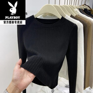 花花公子（PLAYBOY）春秋2025新款圓領(lǐng)坑條針織衫女修身套頭超短款毛衣小個(gè)子顯瘦打底 2024黑色 款2025 2XL 建議130斤-140斤