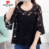 皮爾卡丹（pierre cardin）夏季新款鏤空針織衫女短款空調衫五分袖蝙蝠衫蕾絲罩衫上衣潮 黑色單上衣 2XL 建議135-150斤