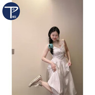 PMOG純欲白色系帶蝴蝶結(jié)吊帶連衣裙女夏季修身收腰A字裙長(zhǎng)裙 圖片色 L