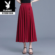 花花公子（PLAYBOY）中國風(fēng)雪紡半身裙女夏季中長(cháng)款2025新款高腰百褶大擺垂感a字裙子 2024紅色 XH61512025 均碼 (建議90-145斤左右)