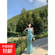 法式掐腰魚(yú)尾修身連衣裙超好看碎花網(wǎng)紗長(cháng)裙海邊出片度假穿搭裙子 薄荷綠 M