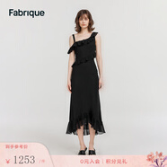 Fabrique桑蠶絲不對稱(chēng)荷葉邊真絲連衣裙女夏季新品吊帶魚(yú)尾裙 黑色 XS （XS/P）