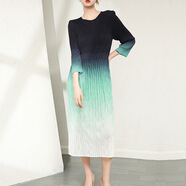 設計師款三宅連衣裙歐貨大碼打底裙春秋褶皺新款漸變感連衣裙 綠色 均碼