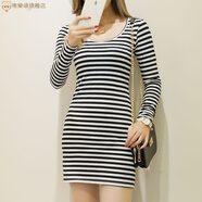 唯樂(lè )頌豹紋連衣裙女夏季新款緊身圓領(lǐng)短袖薄款大碼顯瘦性感包臀裙 黑白橫條紋長(cháng)袖 S 建議80-95斤