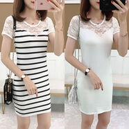 短袖t恤女 中長(cháng)款外穿新款韓版條紋蕾絲拼接圓領(lǐng)修身包臀裙連衣裙 買(mǎi)一送一【白條+白色】 S 【80~90 斤】